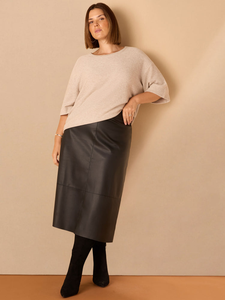 Black Faux Leather Seam Detail Midi Skirt
