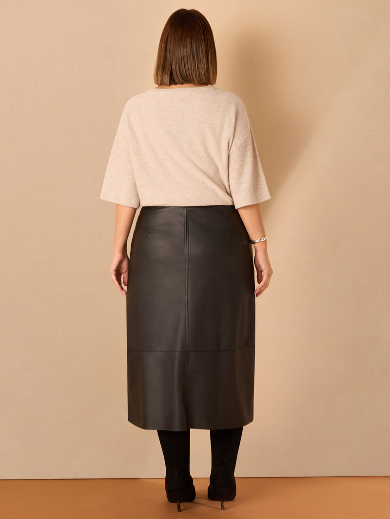 Black Faux Leather Seam Detail Midi Skirt