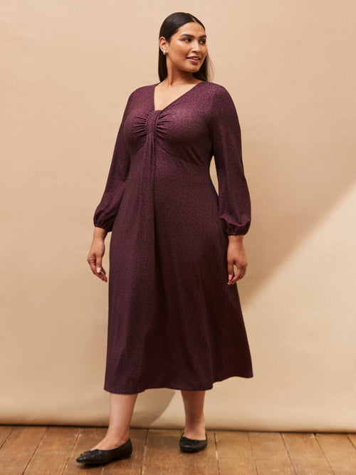 Purple Print Long Sleeve Pleat Front Midi Dress