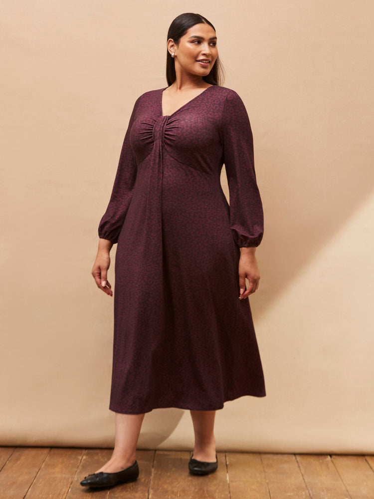 Purple Print Long Sleeve Pleat Front Midi Dress