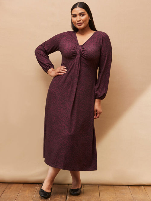 Purple Print Long Sleeve Pleat Front Midi Dress