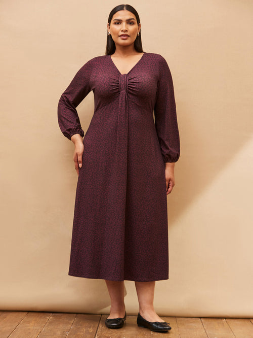 Purple Print Long Sleeve Pleat Front Midi Dress