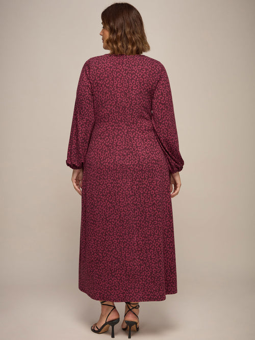 Burgundy Animal Print Jersey Pleat Front Midi Dress