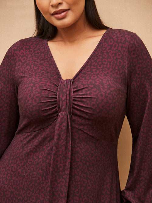 Purple Print Long Sleeve Pleat Front Midi Dress