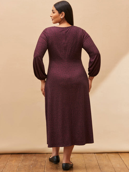Purple Print Long Sleeve Pleat Front Midi Dress