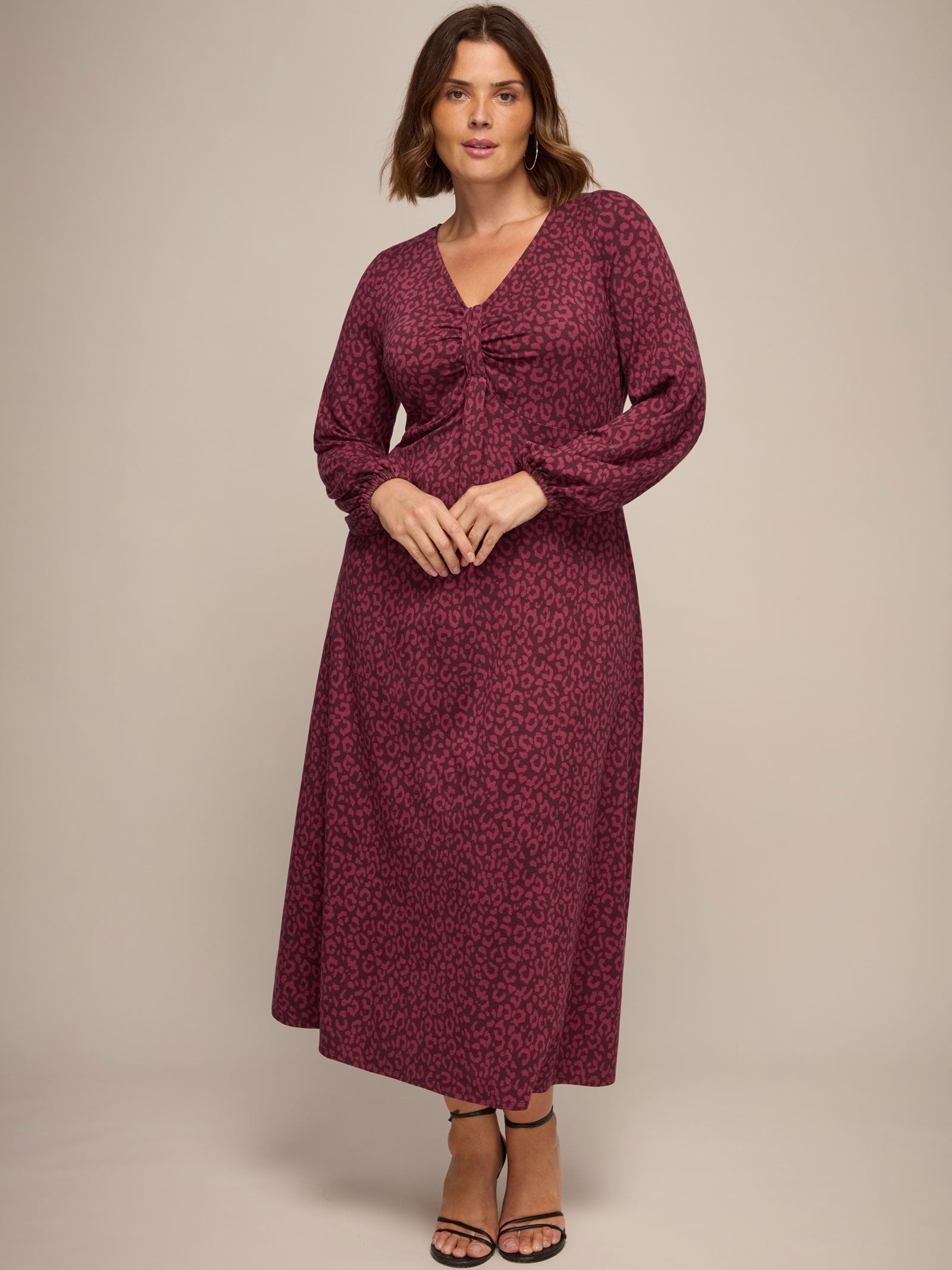 Burgundy Animal Print Jersey Pleat Front Midi Dress