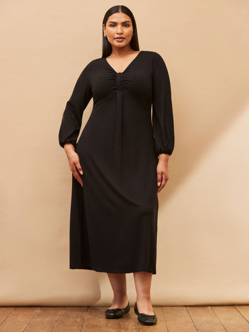 Black Long Sleeve Pleat Front Midi Dress