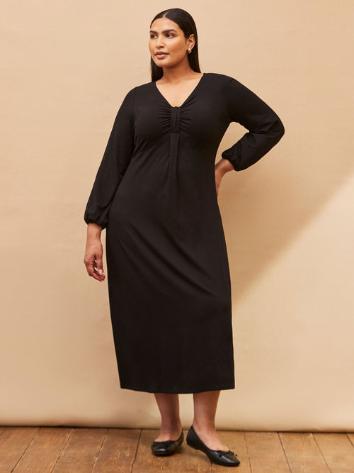 Black Long Sleeve Pleat Front Midi Dress