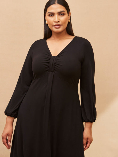 Black Long Sleeve Pleat Front Midi Dress