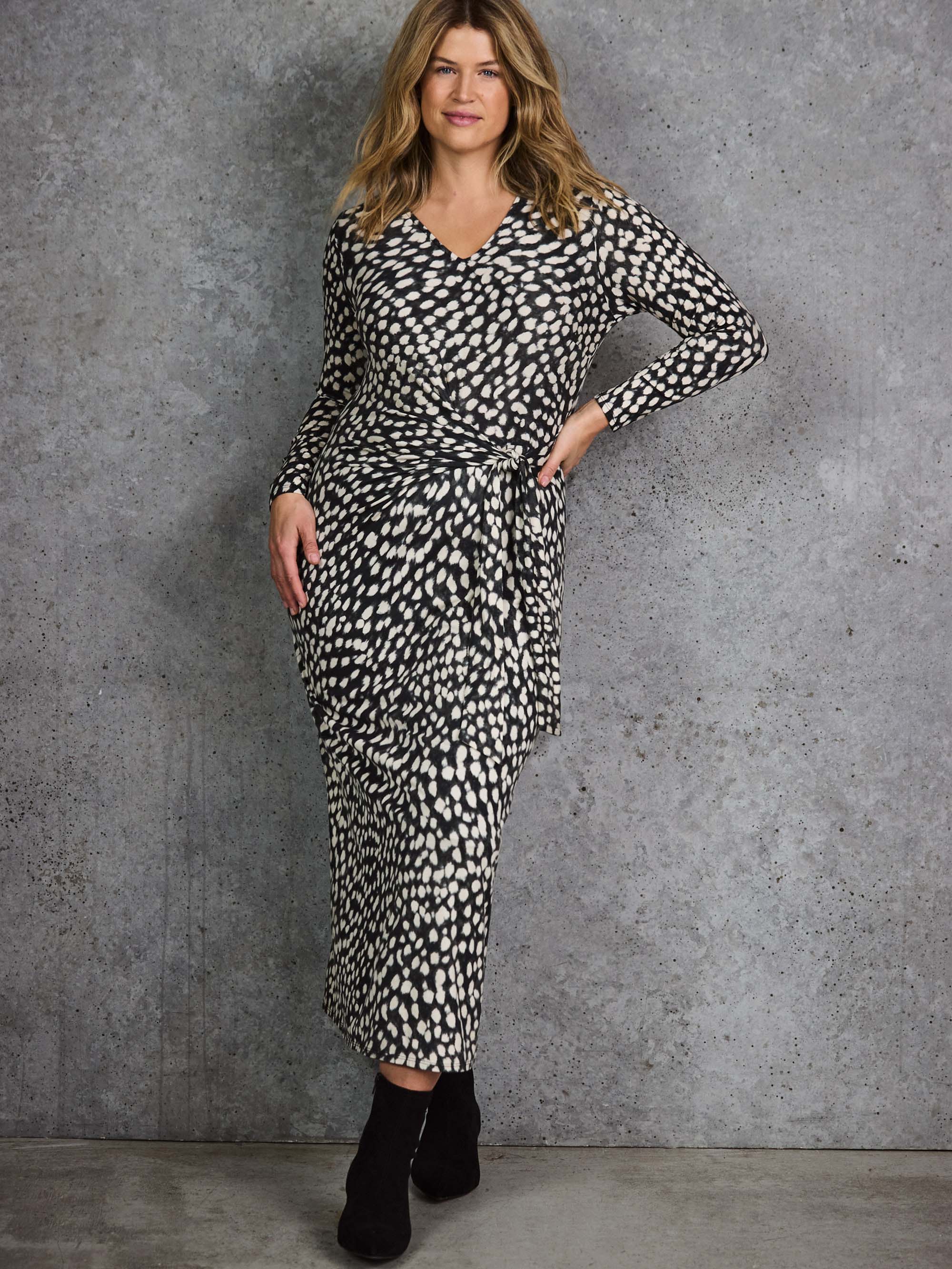 Black Animal Print Tie Side Jersey Dress Black Animal Print Tie Side Jersey Dress