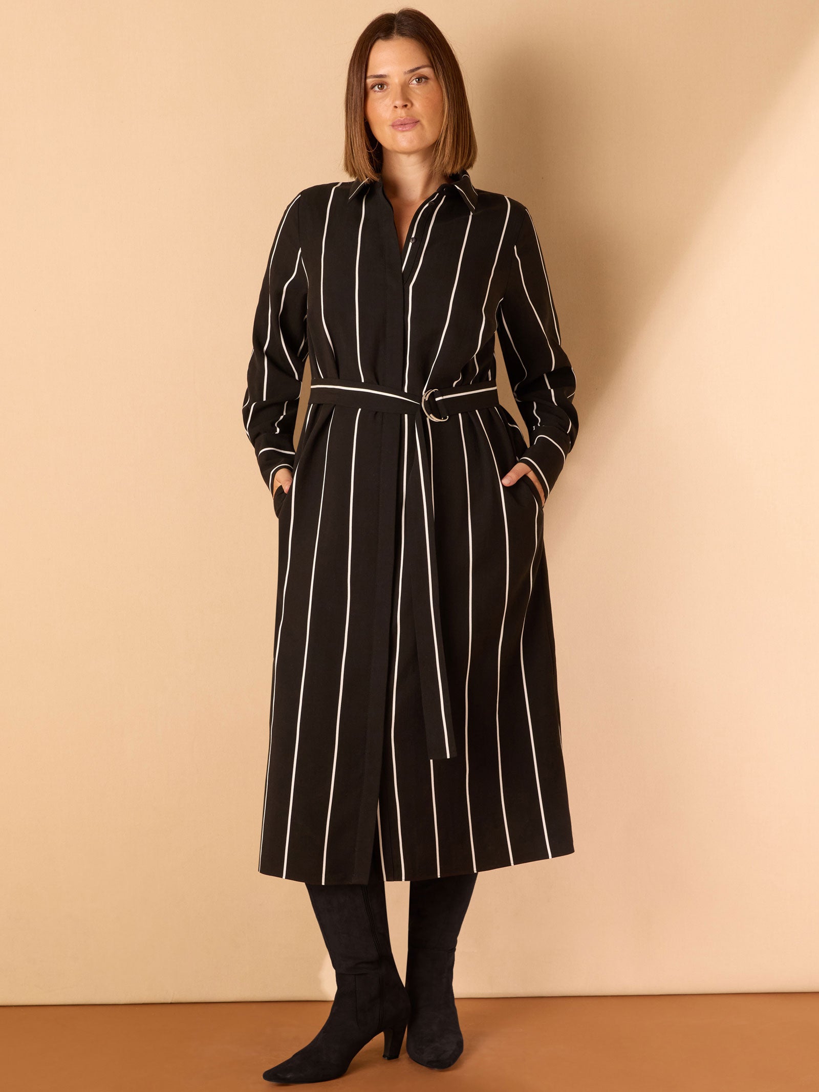 Black Contrast Stripe Belted Midaxi Shirt Dress