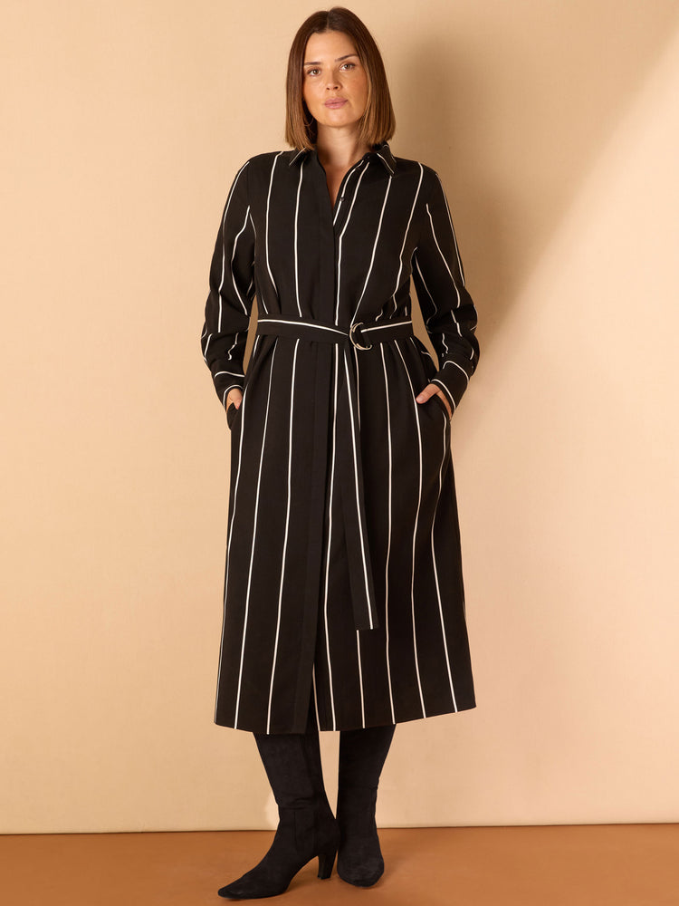 Black Contrast Stripe Belted Midaxi Shirt Dress