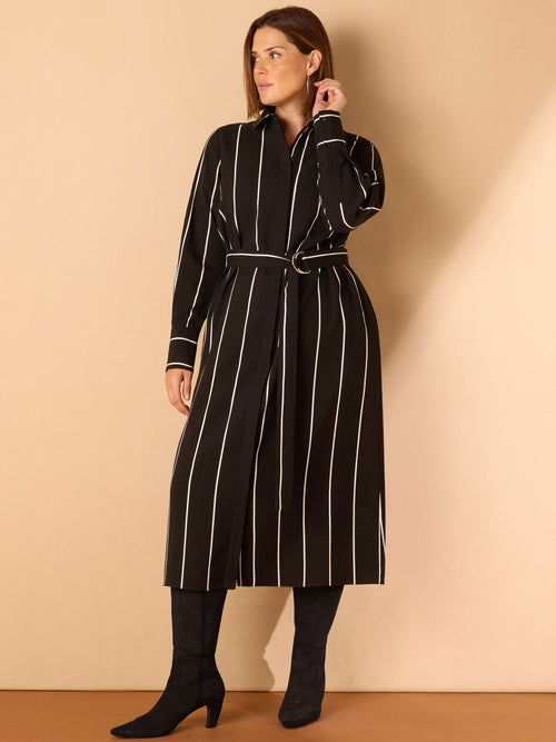 Black Contrast Stripe Belted Midaxi Shirt Dress