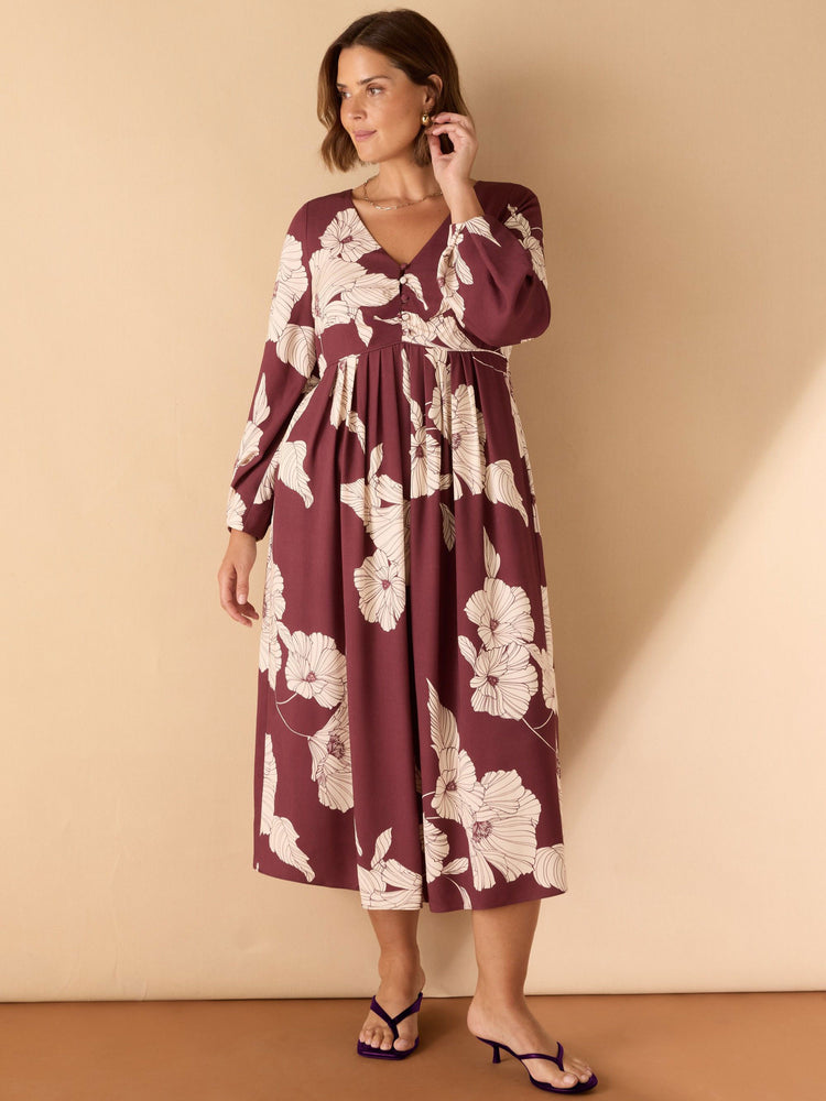 Burgundy Floral Print Button Up Midaxi Dress
