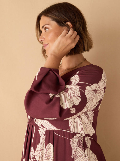 Burgundy Floral Print Button Up Midaxi Dress