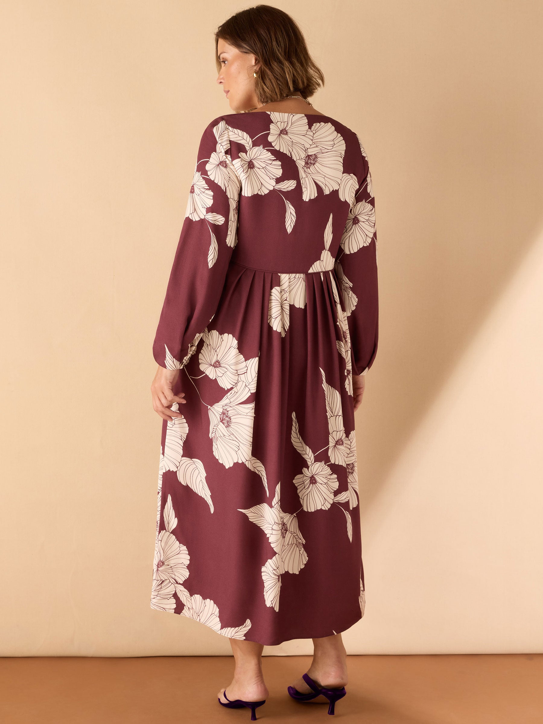 Burgundy Floral Print Button Up Midaxi Dress