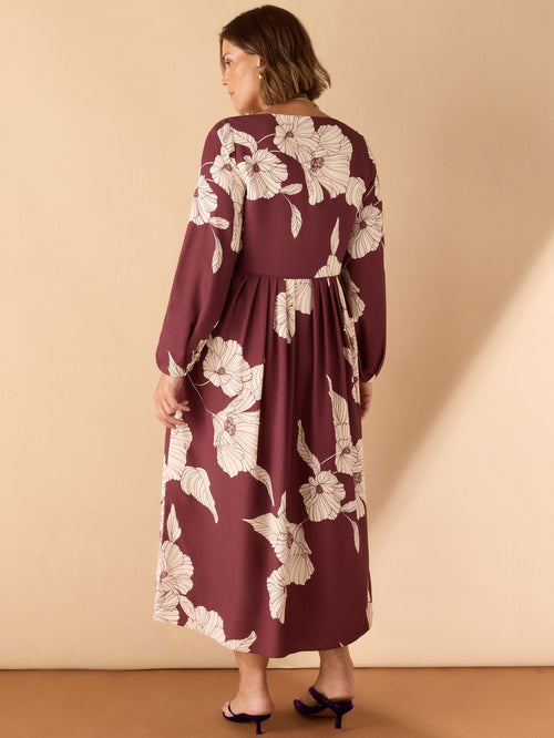 Burgundy Floral Print Button Up Midaxi Dress