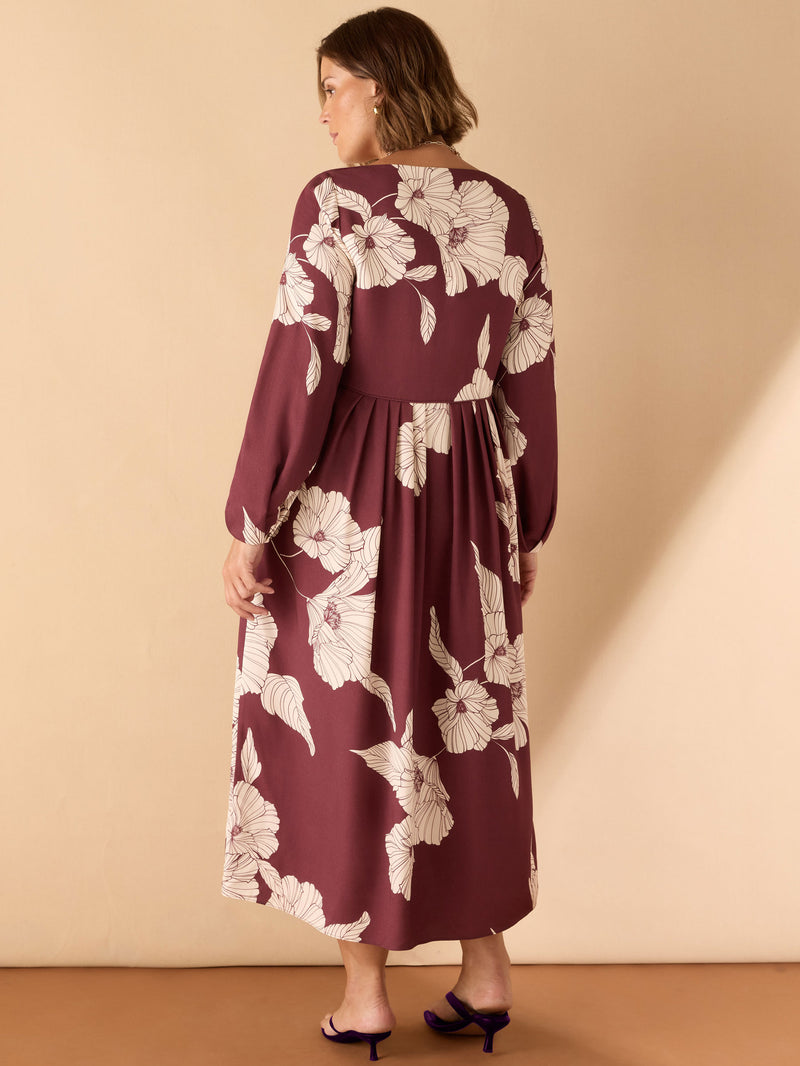 Burgundy Floral Print Button Up Midaxi Dress
