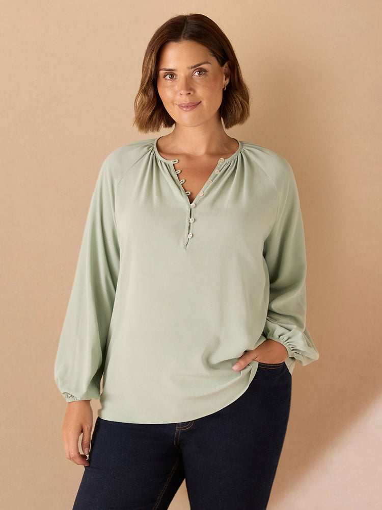 Sage Button Front Raglan Sleeve Blouse