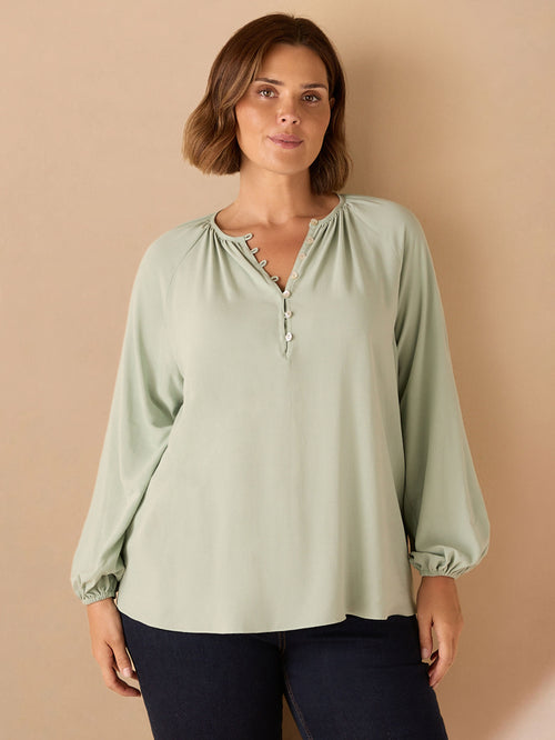 Sage Button Front Raglan Sleeve Blouse