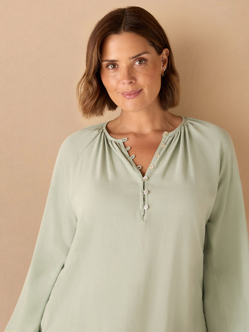 Sage Button Front Raglan Sleeve Blouse
