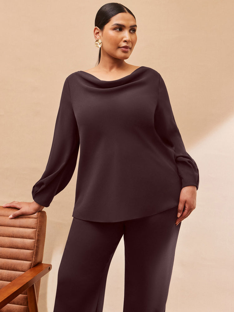 Chocolate Cowl Neck Blouson Sleeve Blouse