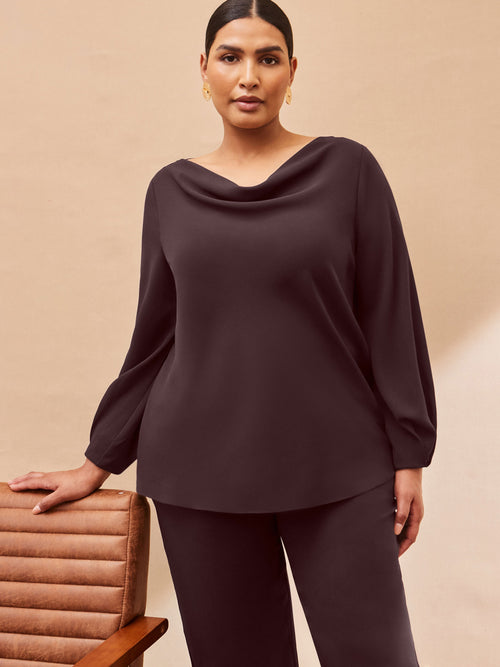 Chocolate Cowl Neck Blouson Sleeve Blouse