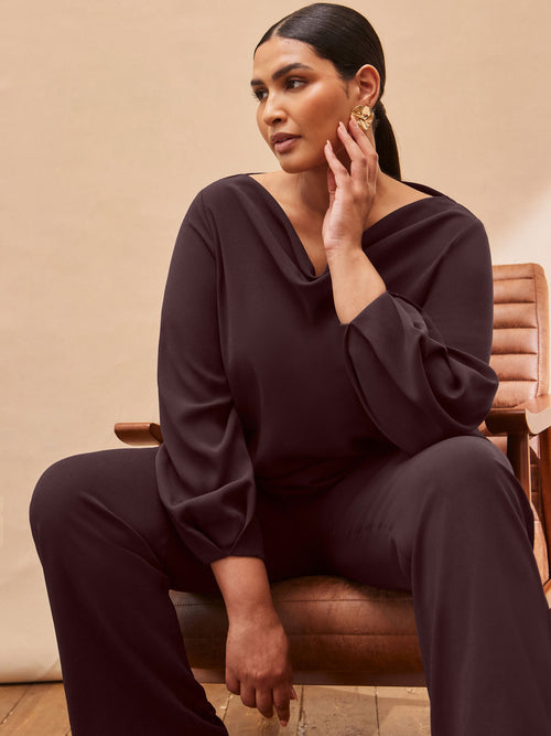 Chocolate Cowl Neck Blouson Sleeve Blouse