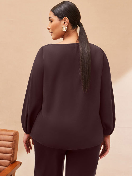 Chocolate Cowl Neck Blouson Sleeve Blouse