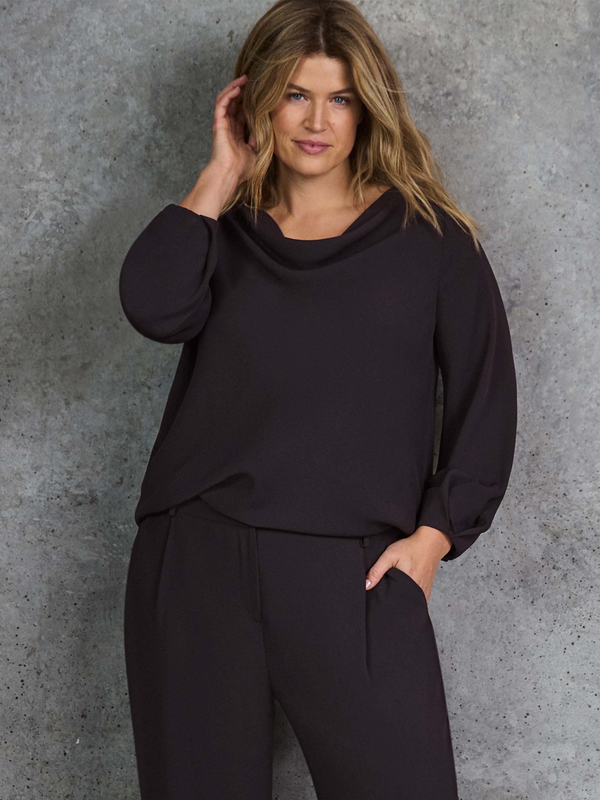 Chocolate Cowl Neck Blouson Sleeve Blouse