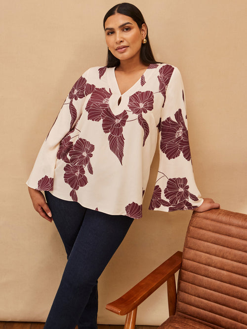 Floral Print Flared Sleeve V Neck Blouse