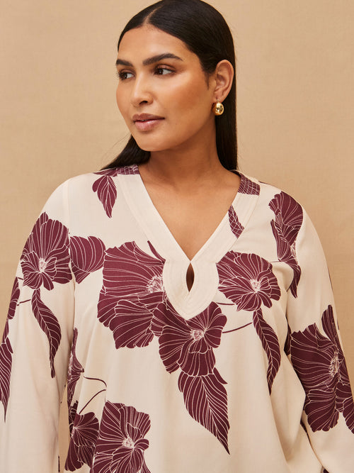 Floral Print Flared Sleeve V Neck Blouse