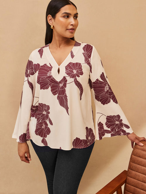 Floral Print Flared Sleeve V Neck Blouse