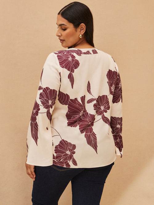 Floral Print Flared Sleeve V Neck Blouse