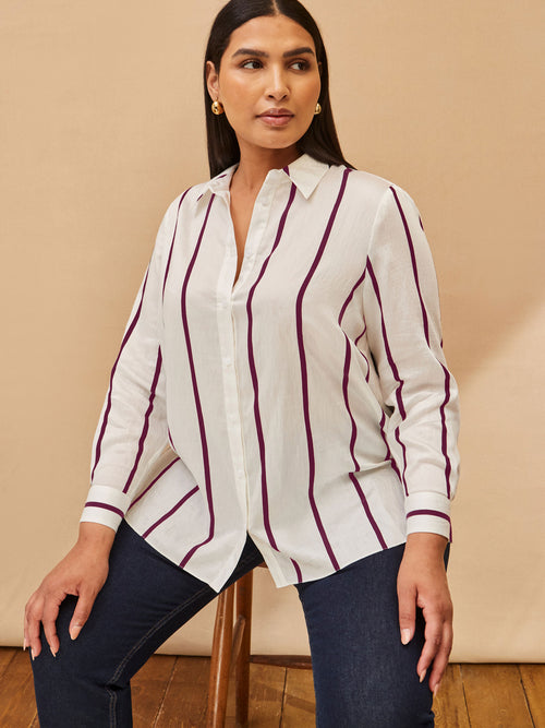 Cream And Burgundy Stripe Long Sleeve Shirt