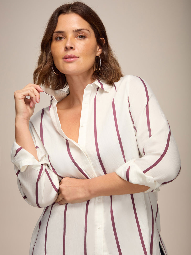 Cream And Burgundy Stripe Long Sleeve Shirt