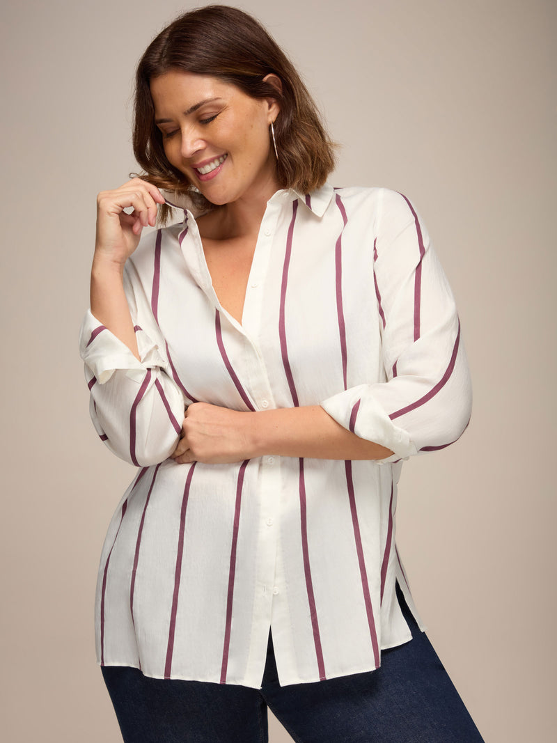 Cream And Burgundy Stripe Long Sleeve Shirt