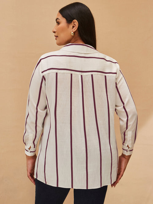 Cream And Burgundy Stripe Long Sleeve Shirt