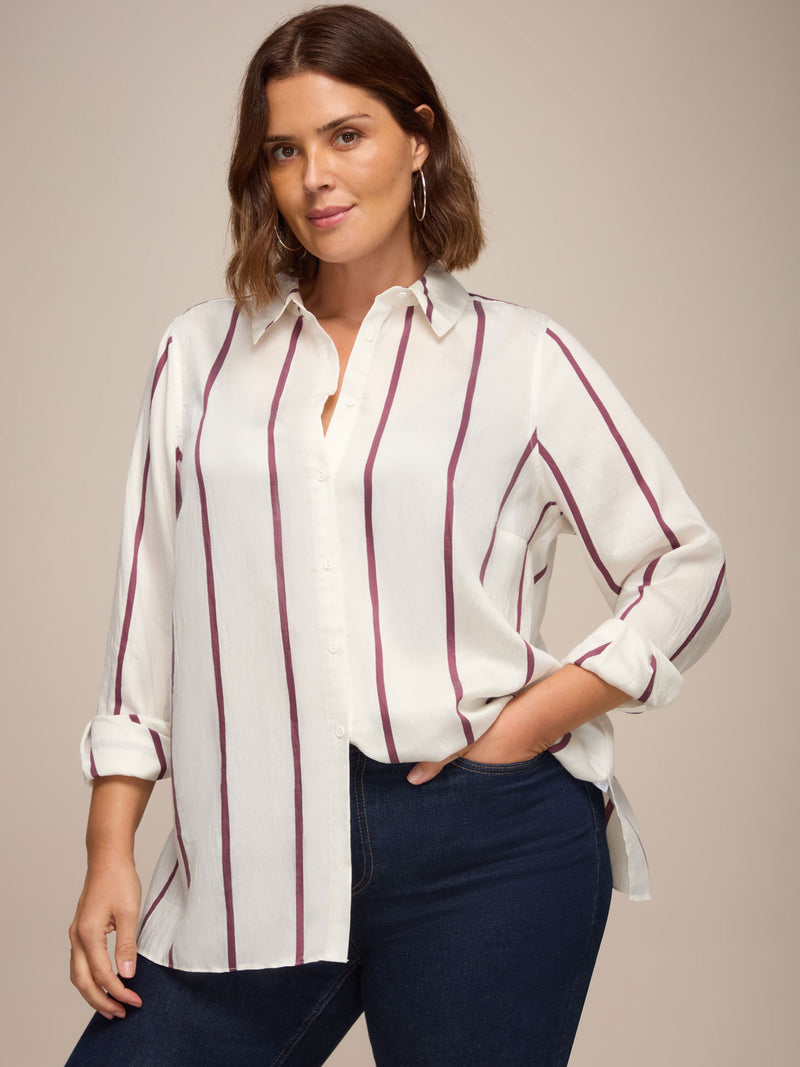 Cream And Burgundy Stripe Long Sleeve Shirt