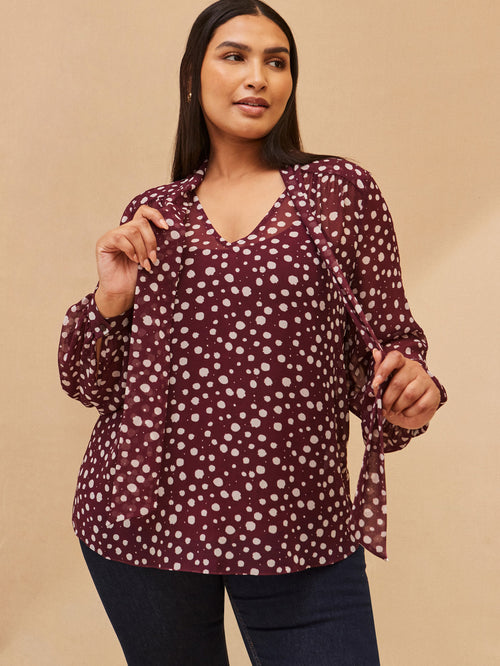 Burgundy Spot Print Tie Neck Blouse