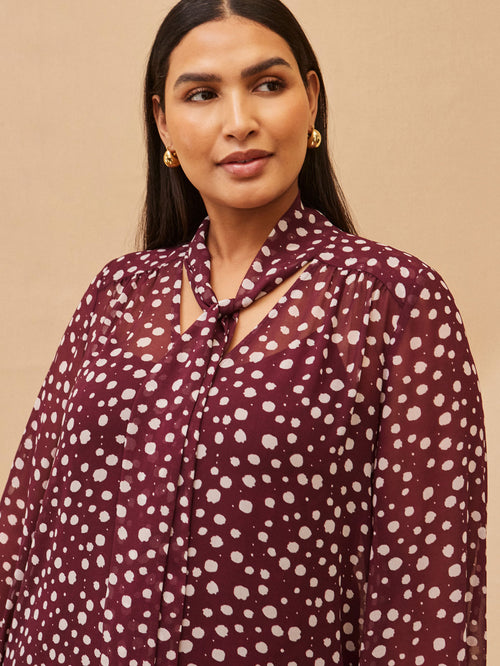 Burgundy Spot Print Tie Neck Blouse