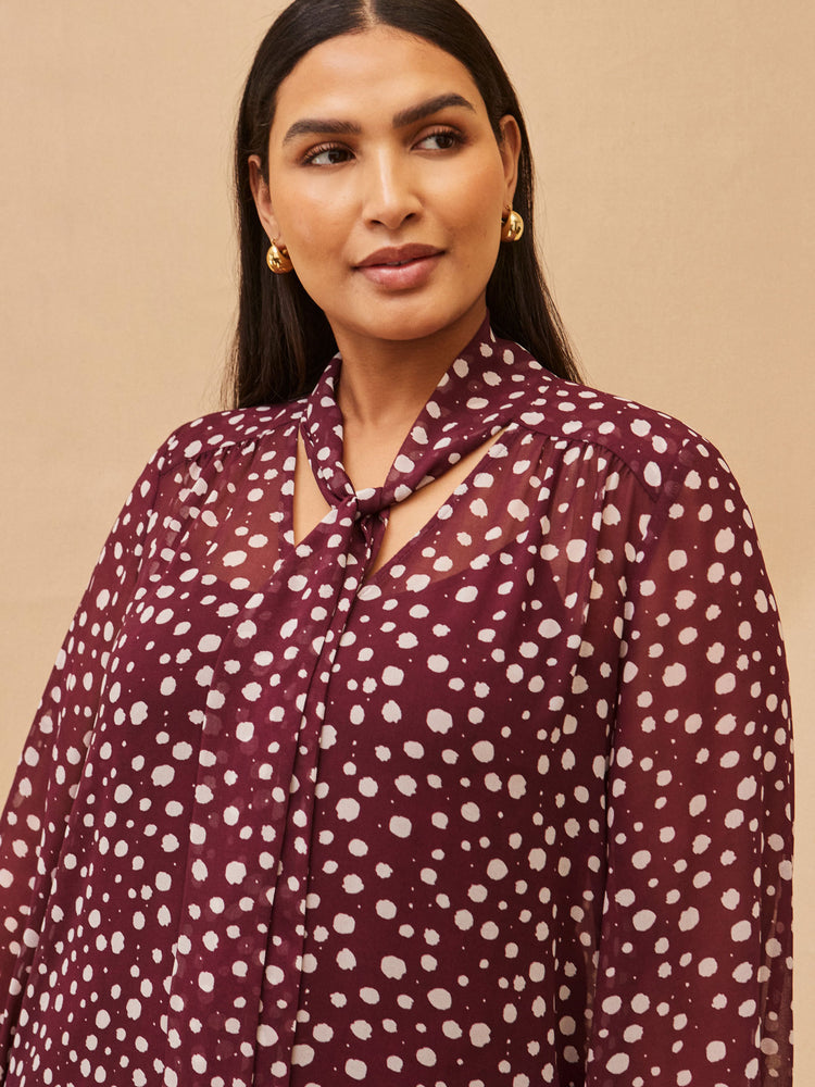 Burgundy Spot Print Tie Neck Blouse