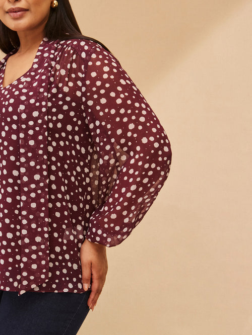 Burgundy Spot Print Tie Neck Blouse
