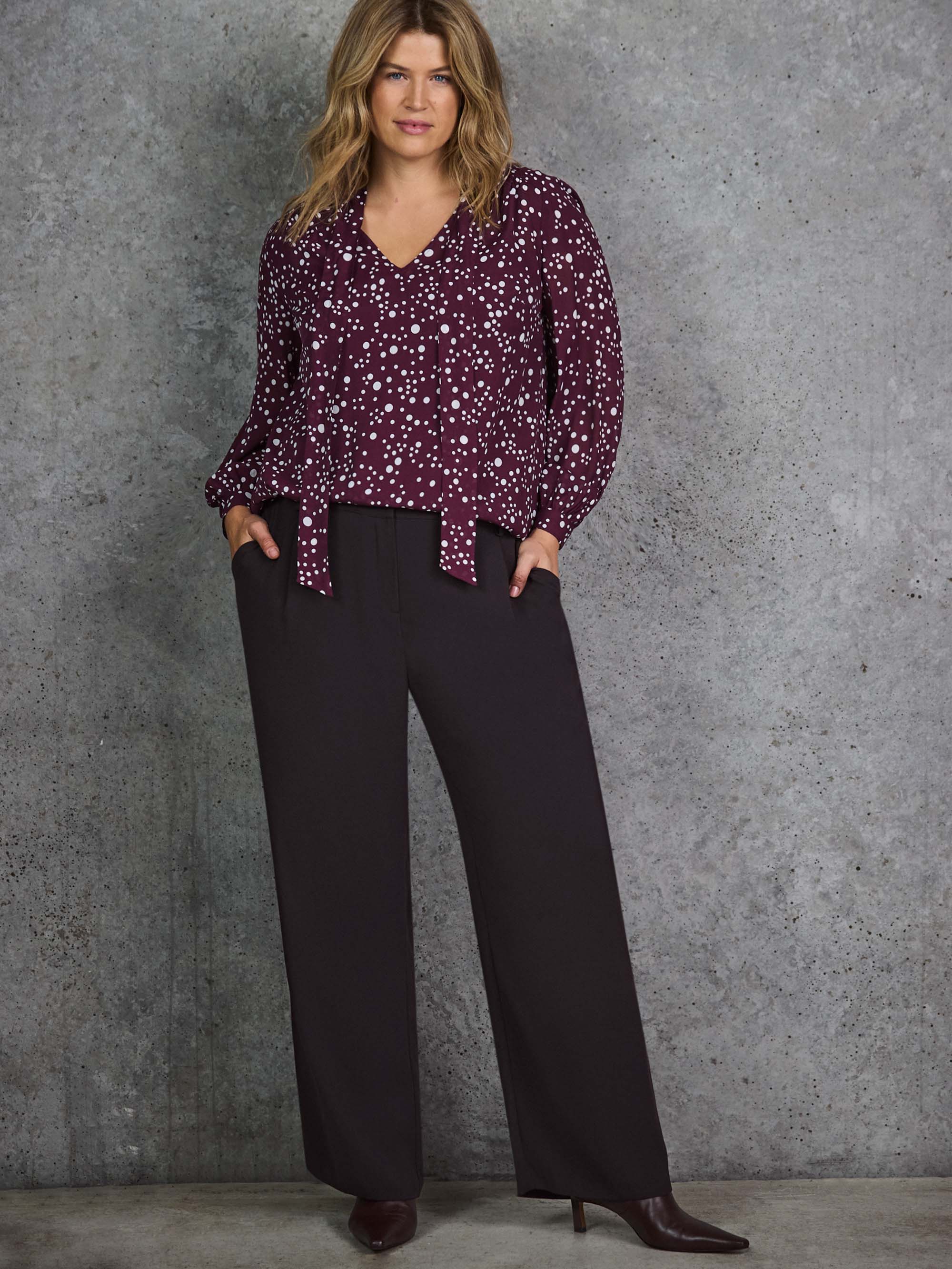 Burgundy Spot Print Tie Neck Blouse