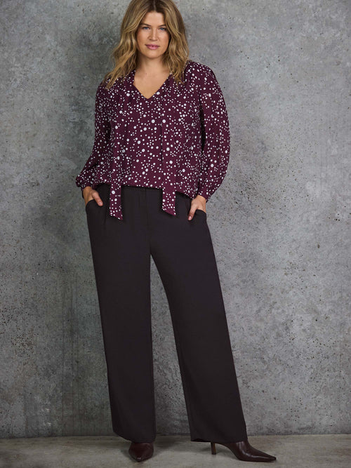 Burgundy Spot Print Tie Neck Blouse