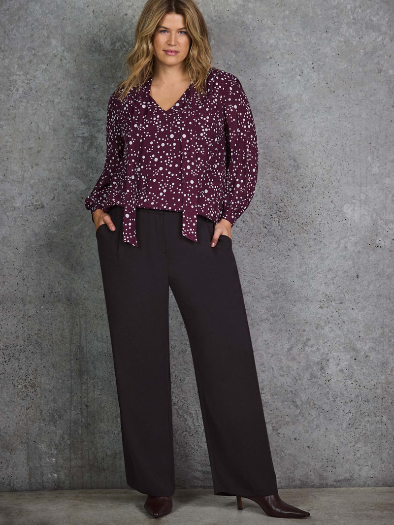 Burgundy Spot Print Tie Neck Blouse
