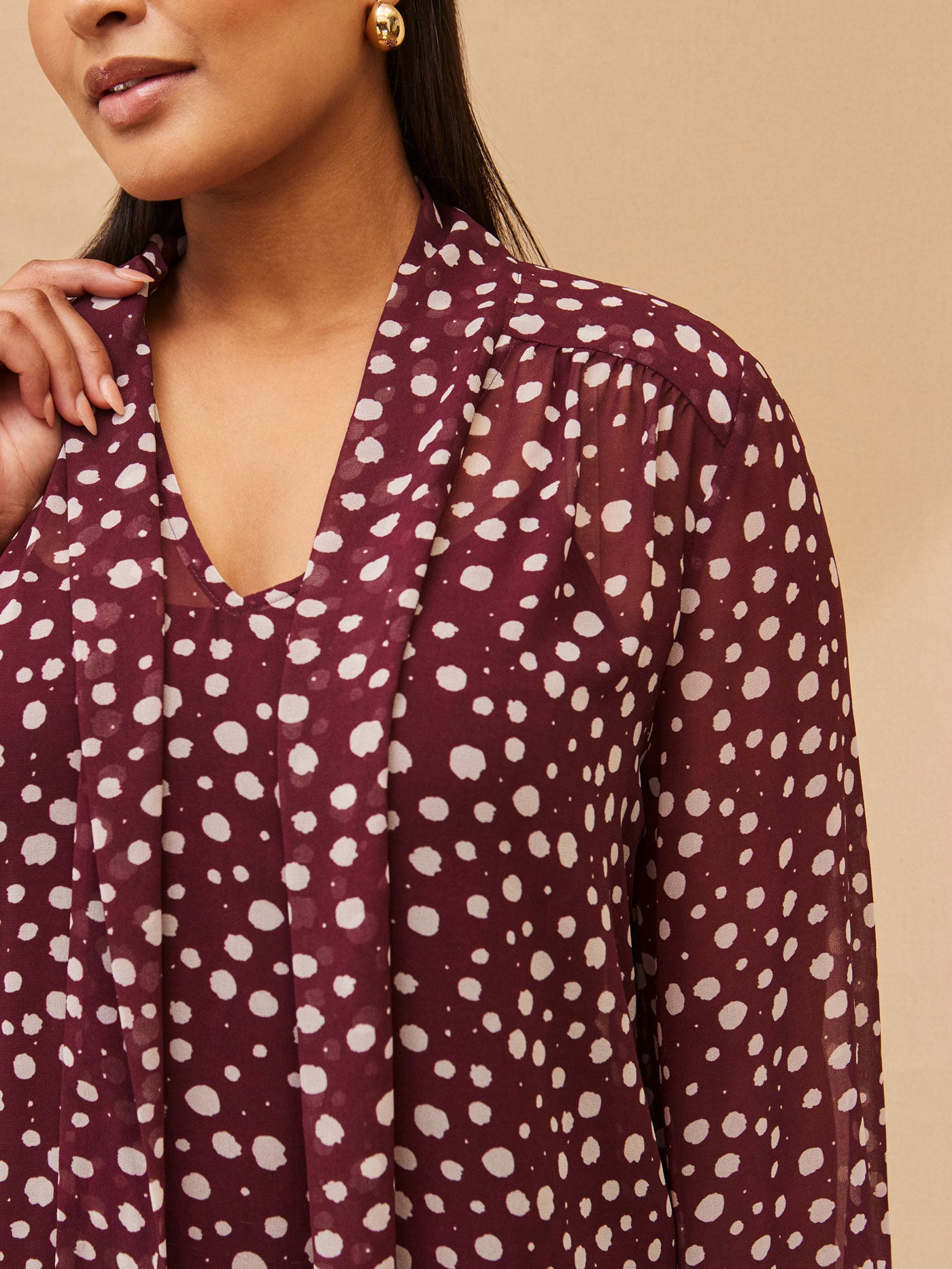 Burgundy Spot Print Tie Neck Blouse
