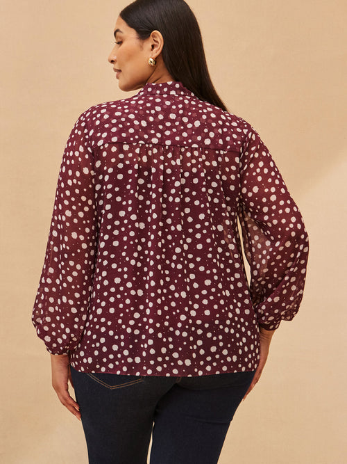 Burgundy Spot Print Tie Neck Blouse