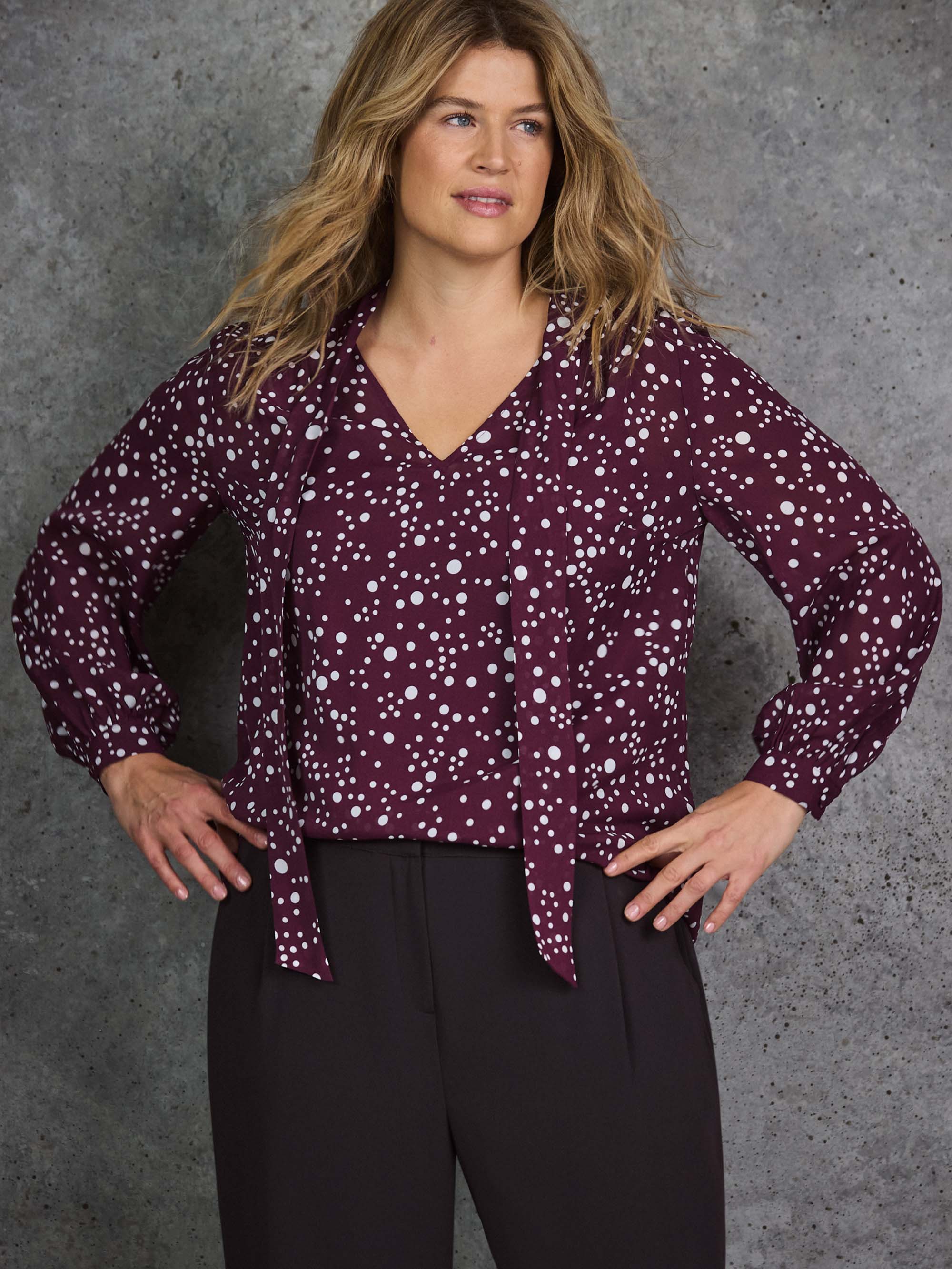 Burgundy Spot Print Tie Neck Blouse