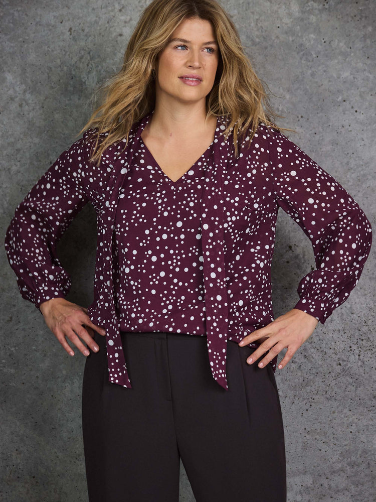 Burgundy Spot Print Tie Neck Blouse